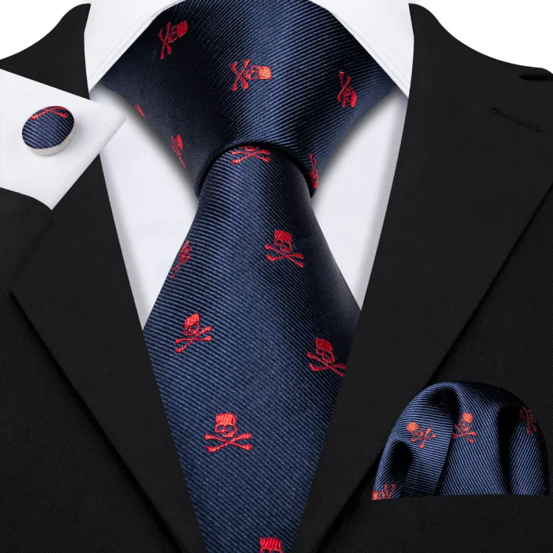 Barry Wang Blue Necktie Novelty Mens Red Skull Tie Hanky Cufflinks Set sold by Barrywang