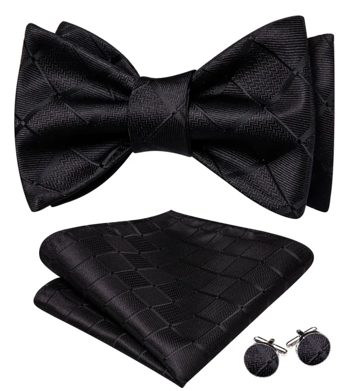 Barry. Wang Black Bowtie Mens Plaid Self-Tied Tie Hanky Cufflinks Set sold by Barrywang
