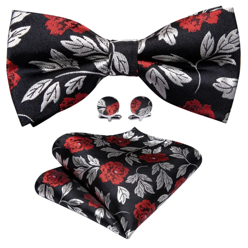 Barry. Wang Black Silver Paisley Pre-tied Bow Tie Hanky Cufflinks Set sold by Barrywang