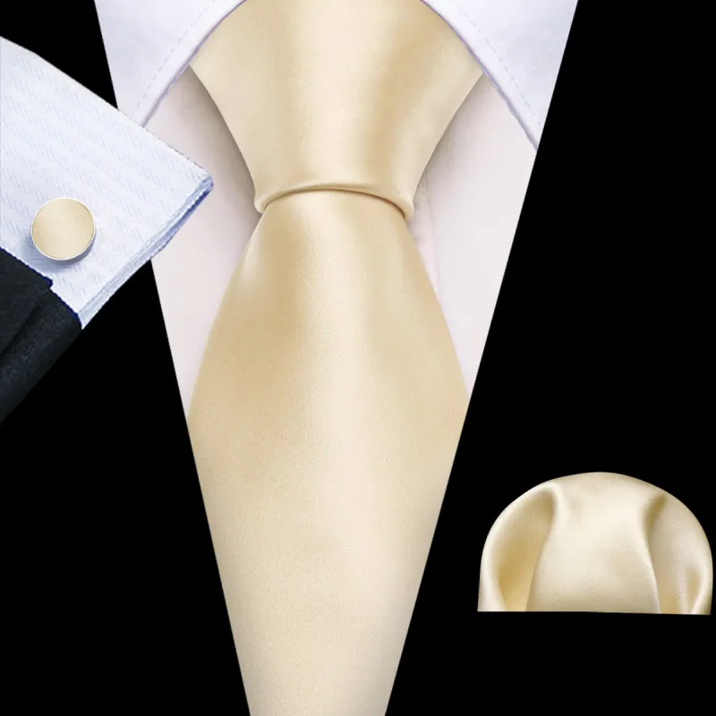 Barry Wang Lemon Yellow Solid Silk Mens Tie Handkerchief Cufflinks Set sold by Barrywang