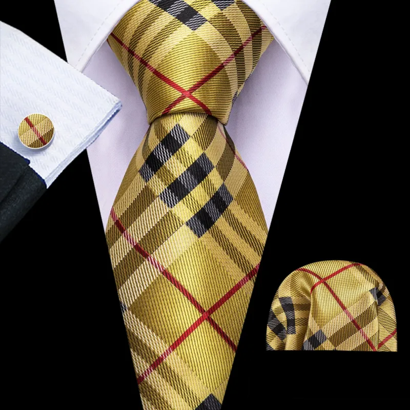Barry Wang Yellow Tie Red Lines Necktie Hanky Cufflinks Set sold by Barrywang