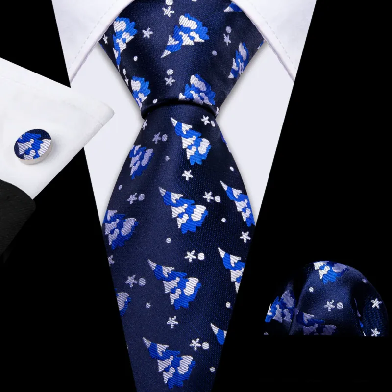 Barry Wang Blue Necktie White Jacquard Pattern Men's Christmas Tie Set sold by Barrywang