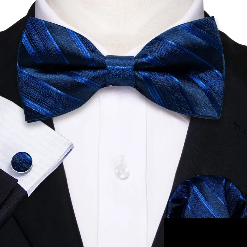 Barry. Wang Blue Black Striped Silk Pre-tied Bow Tie Hanky Cufflinks Set sold by Barrywang