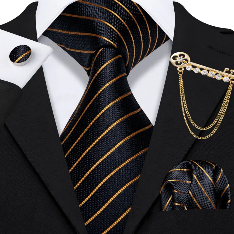 Barry. Wang Black Tie Gold Stripes Tie Lapel Pin Hanky Cufflinks Set sold by Barrywang