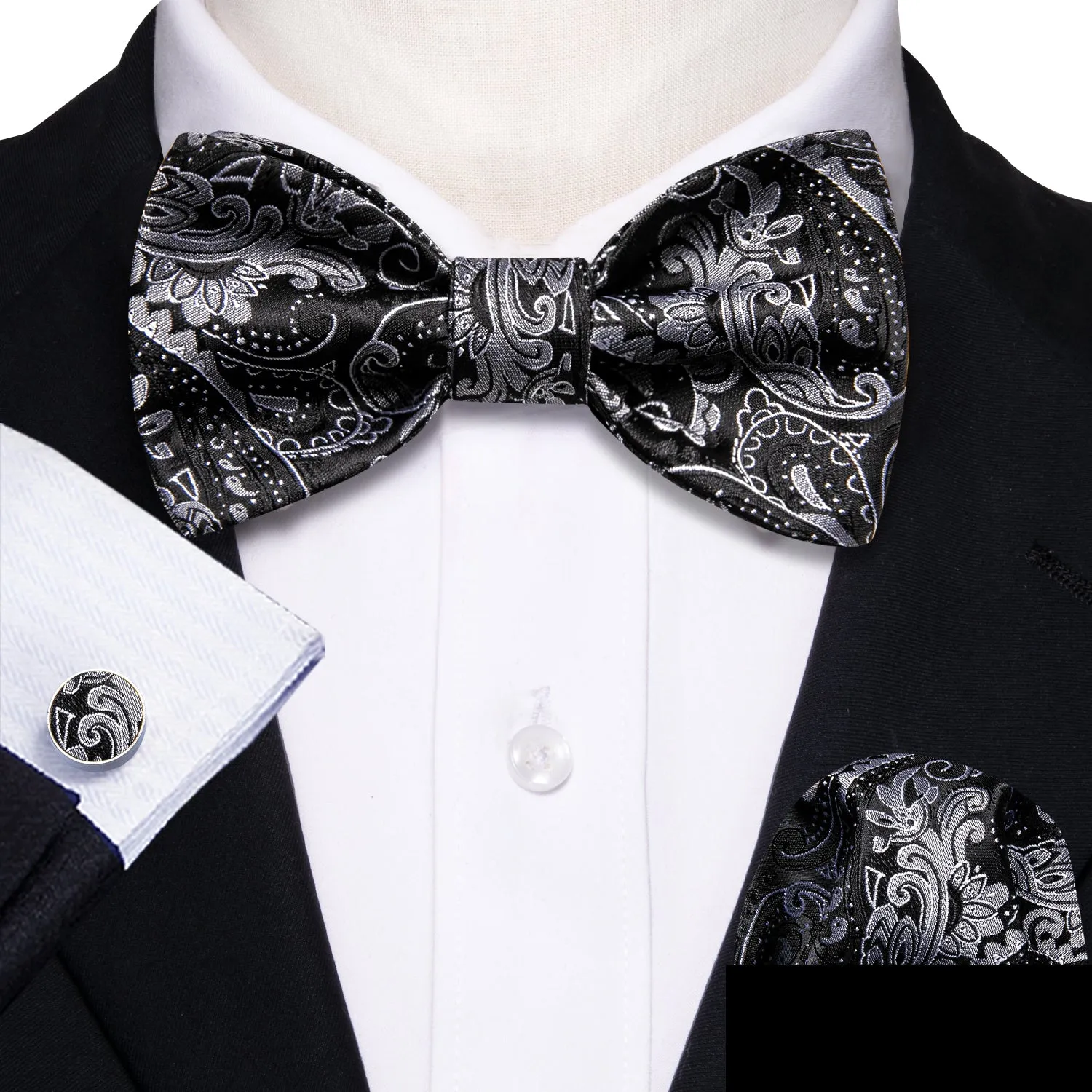 Barry.wang Black Tie Paisley Grey Men's Silk Bow Tie Hanky Cufflinks Set sold by Barrywang product image thumbnail 3