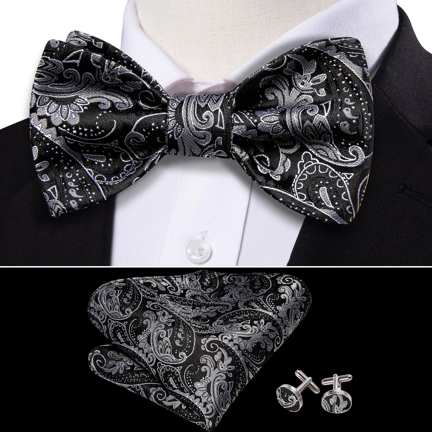 Barry.wang Black Tie Paisley Grey Men's Silk Bow Tie Hanky Cufflinks Set sold by Barrywang product image thumbnail 2