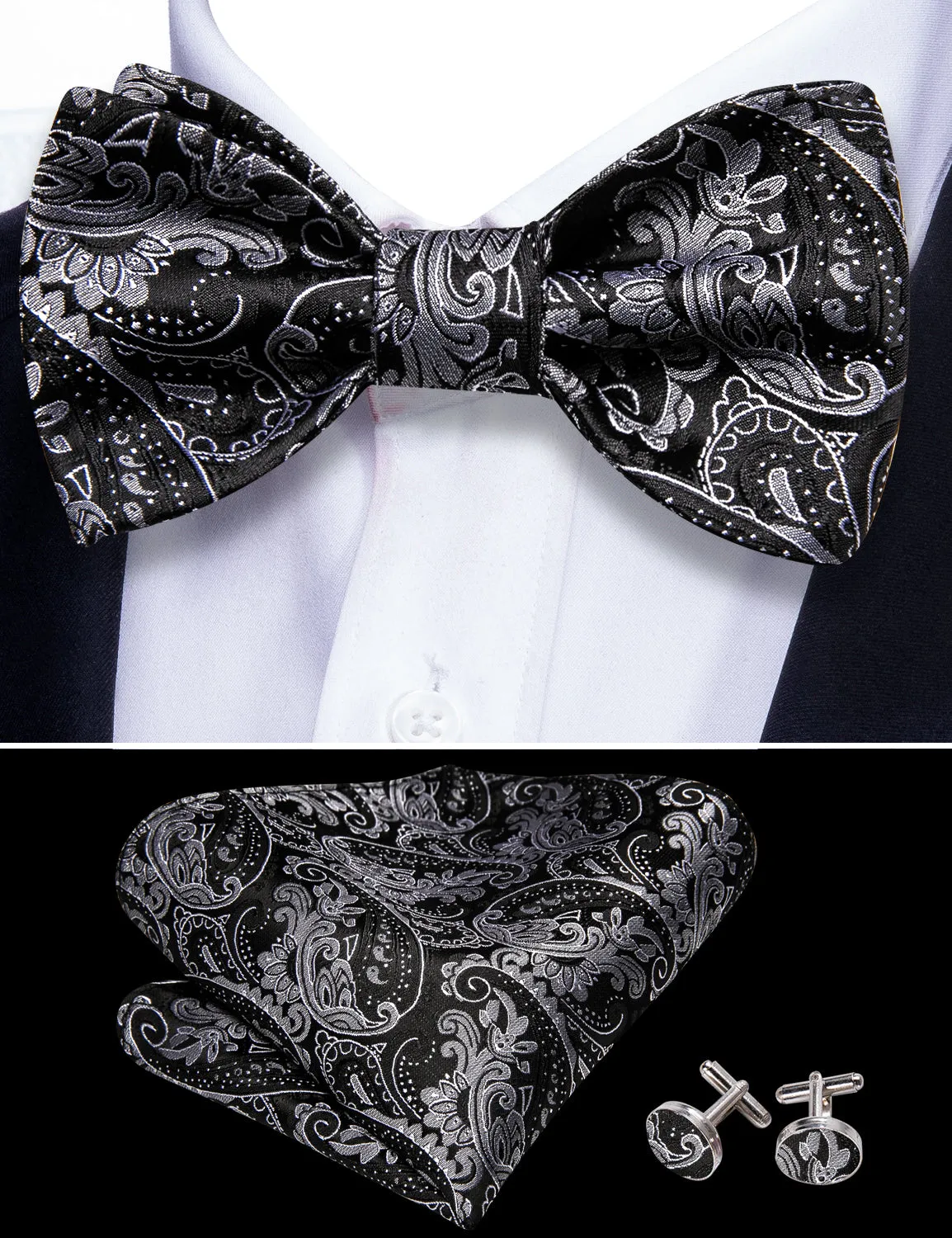 Barry.wang Black Tie Paisley Grey Men's Silk Bow Tie Hanky Cufflinks Set sold by Barrywang product image thumbnail 4