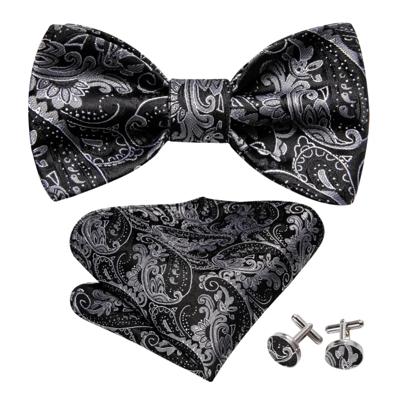 Barry.wang Black Tie Paisley Grey Men's Silk Bow Tie Hanky Cufflinks Set sold by Barrywang