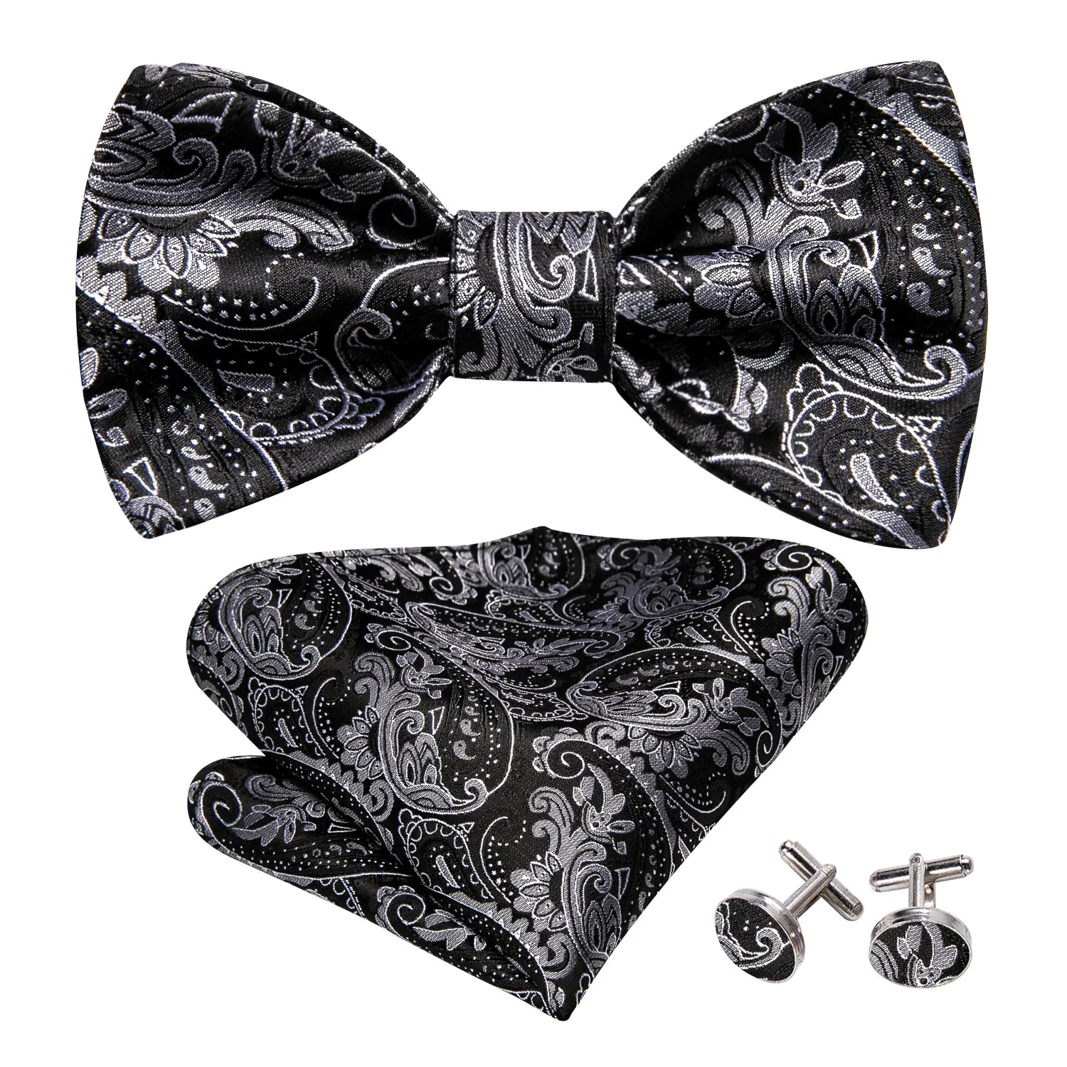 Barry.wang Black Tie Paisley Grey Men's Silk Bow Tie Hanky Cufflinks Set sold by Barrywang