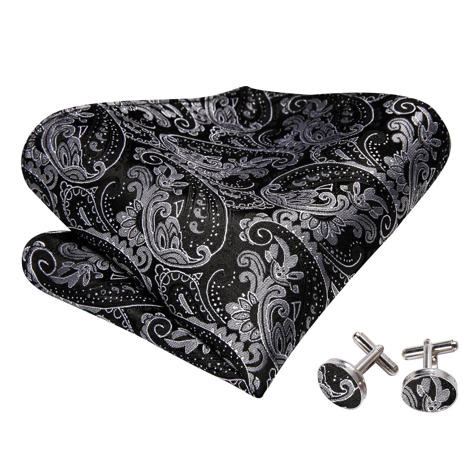 Barry.wang Black Tie Paisley Grey Men's Silk Bow Tie Hanky Cufflinks Set sold by Barrywang product image thumbnail 5