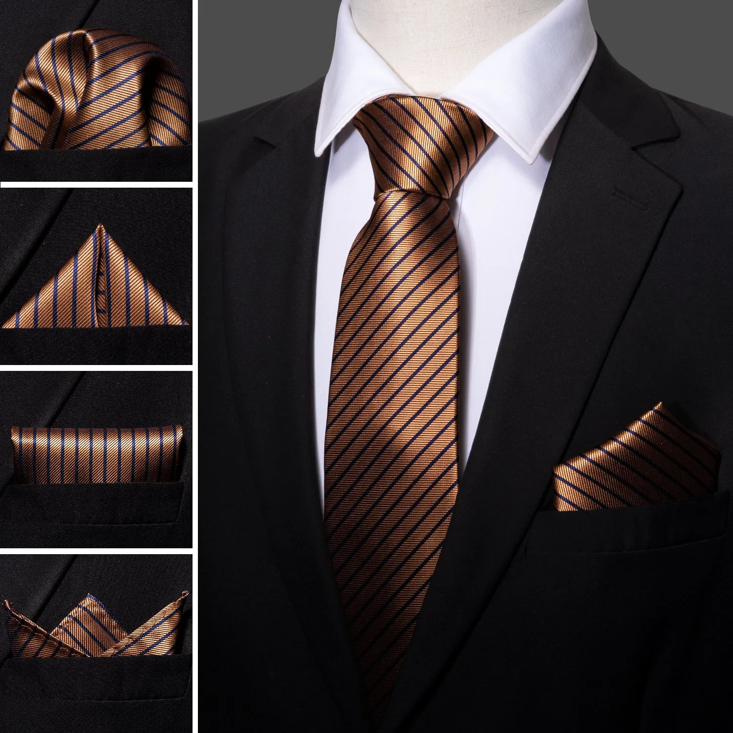 Barry. Wang Brown Stripe Men's Tie Alloy Lapel Pin Brooch Silk Tie Set sold by Barrywang product image thumbnail 2