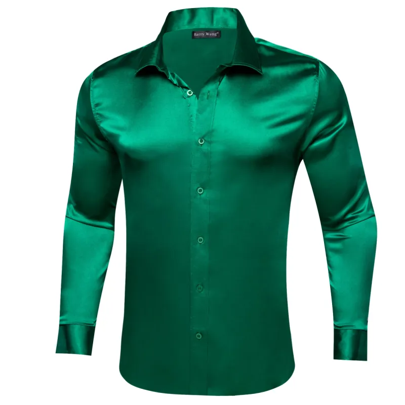 Barry.wang Dark Green Solid Silk Men's Shirt sold by Barrywang