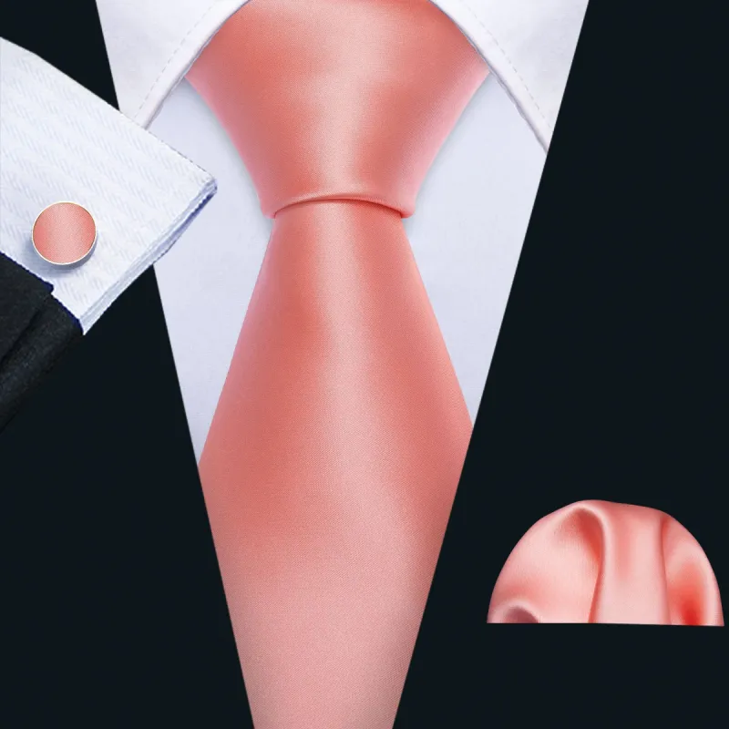 Barry Wang Coral Pink Necktie Solid Tie Pocket Square Cufflinks Set sold by Barrywang