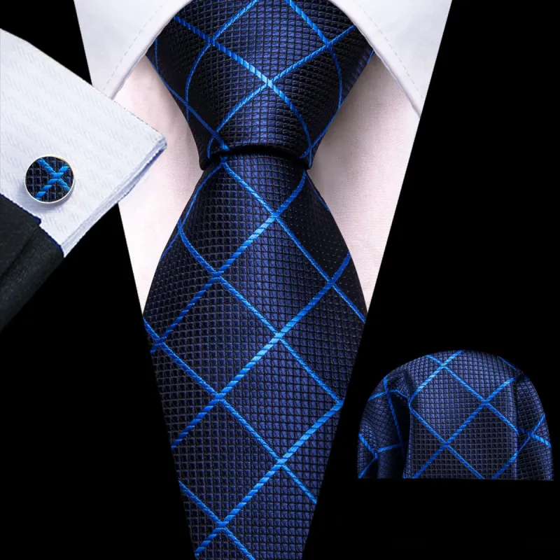 Barry Wang Dark Blue Tie Light Blue Lines Checkered Necktie Set for Men sold by Barrywang