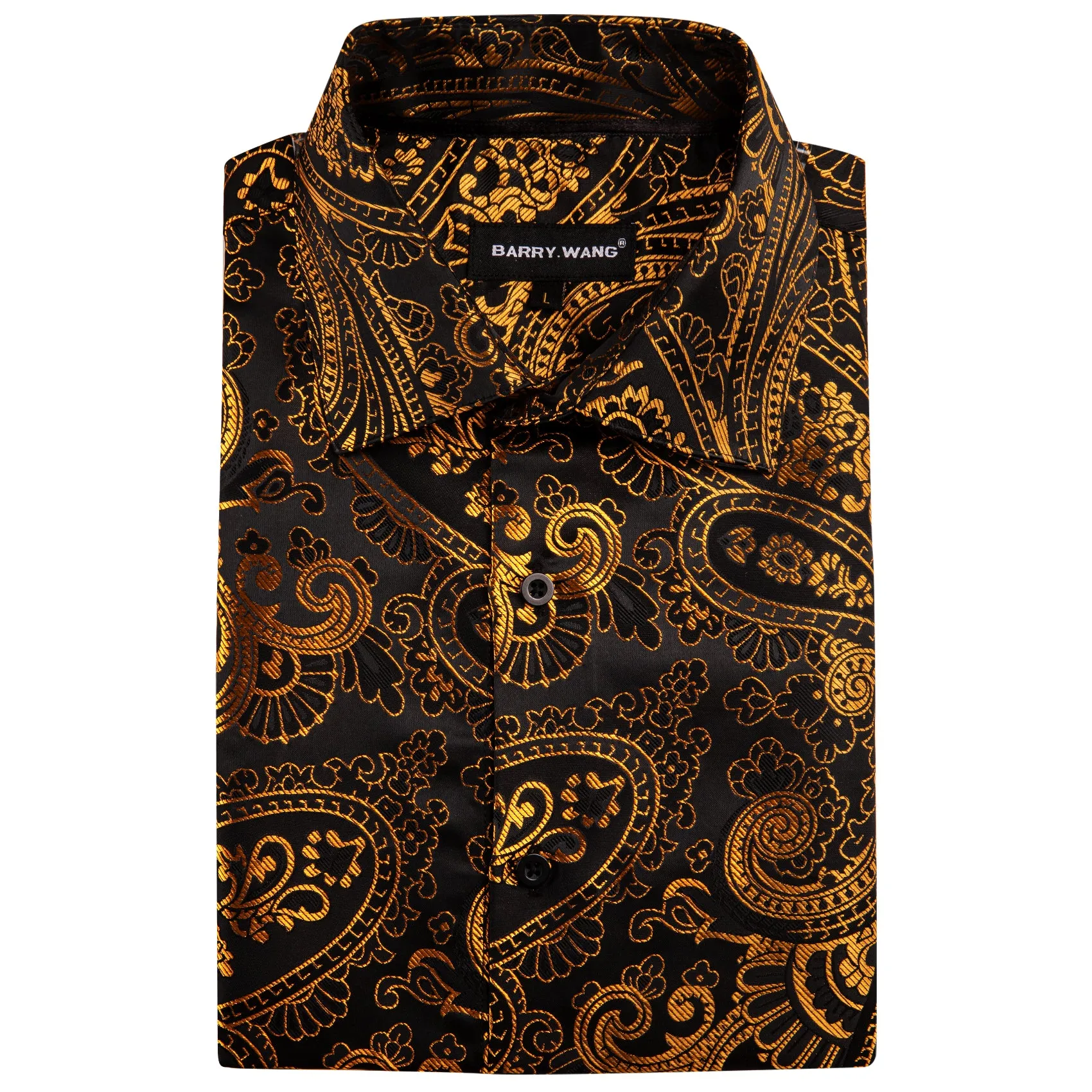 Barry Wang Mens Dress Shirts Gold Black Paisley Silk Button Up Shirt sold by Barrywang product image thumbnail 5