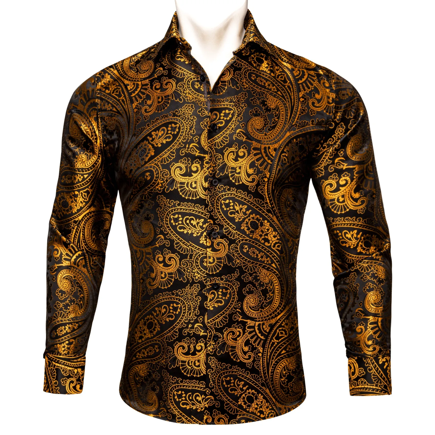 Barry Wang Mens Dress Shirts Gold Black Paisley Silk Button Up Shirt sold by Barrywang product image thumbnail 2