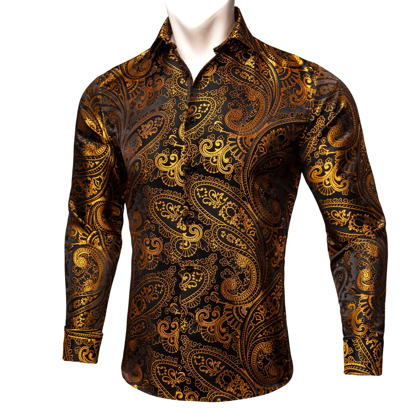 Barry Wang Mens Dress Shirts Gold Black Paisley Silk Button Up Shirt sold by Barrywang product image thumbnail 3