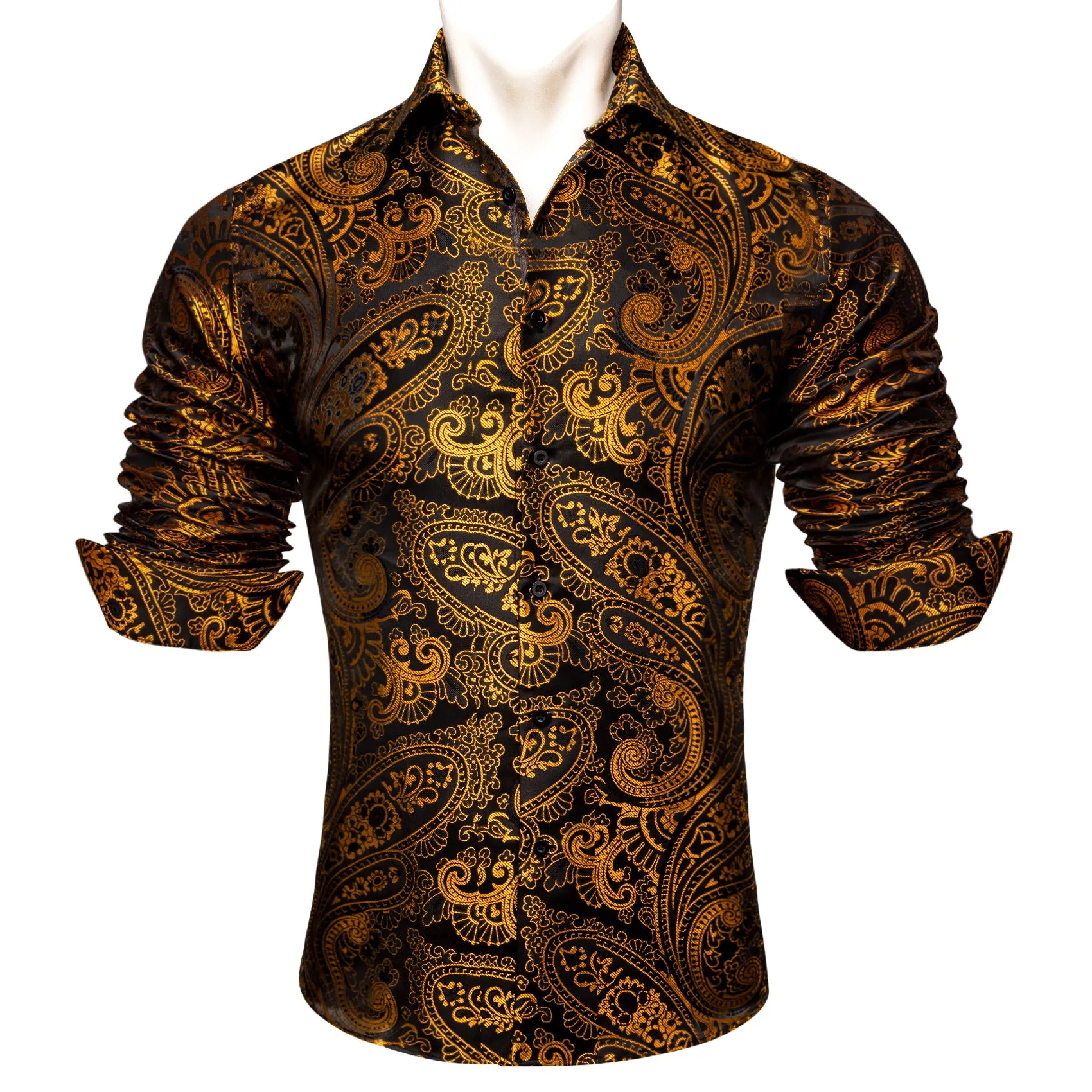 Barry Wang Mens Dress Shirts Gold Black Paisley Silk Button Up Shirt sold by Barrywang product image thumbnail 4