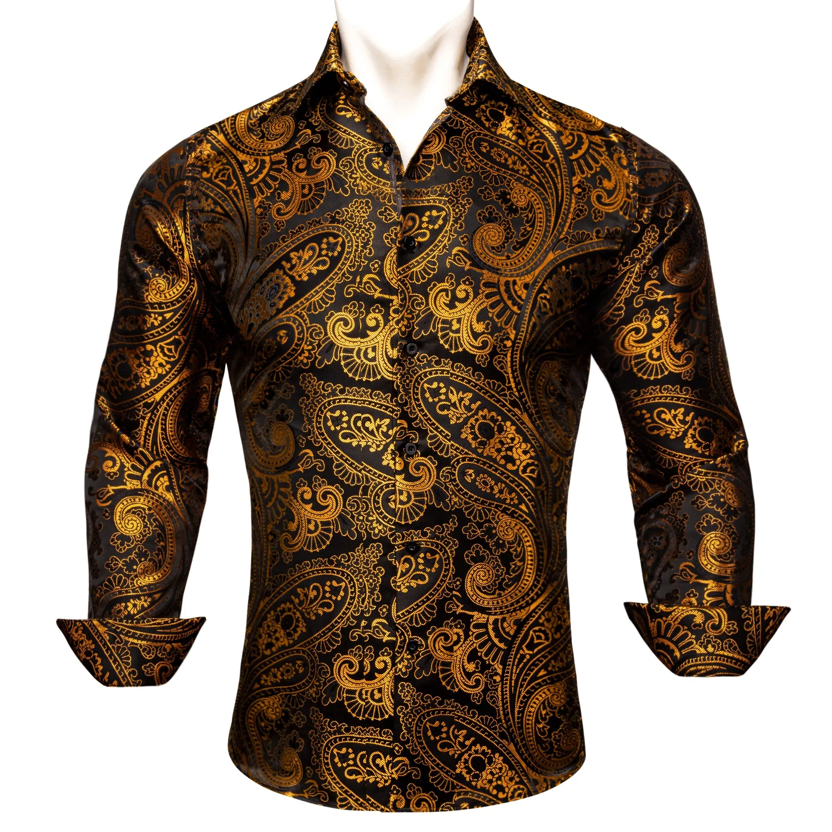 Barry Wang Mens Dress Shirts Gold Black Paisley Silk Button Up Shirt sold by Barrywang