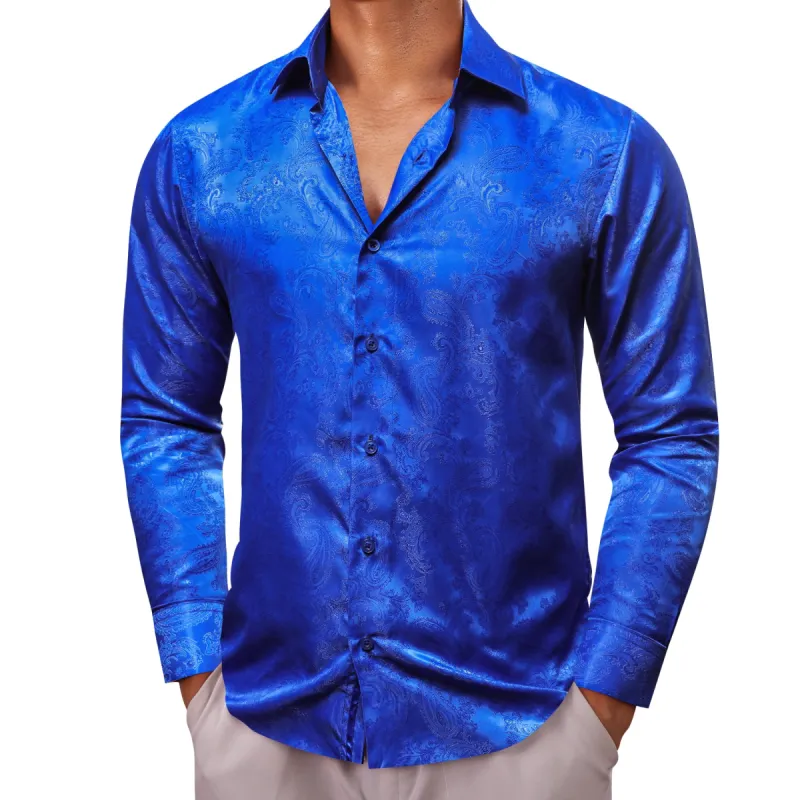 Barry Wang Dress Shirt Royal Blue Paisley Silk Men's Button Up Shirt sold by Barrywang