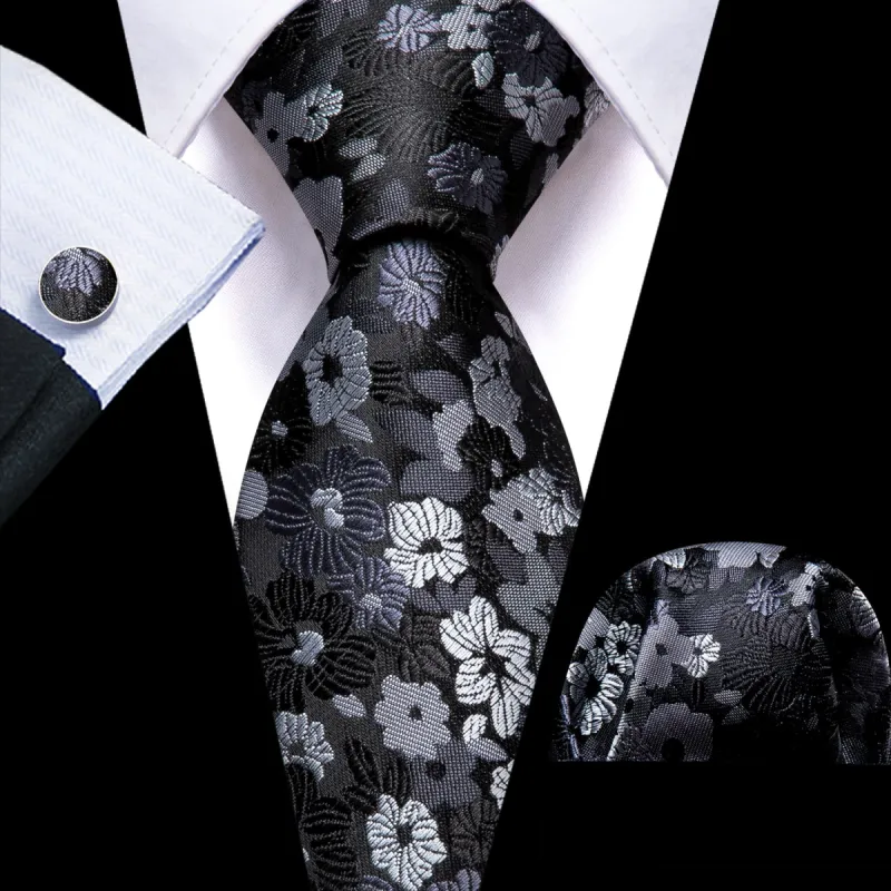 Barry Wang Mens Black Tie Gray Jacquard Floral Pattern Necktie Set sold by Barrywang