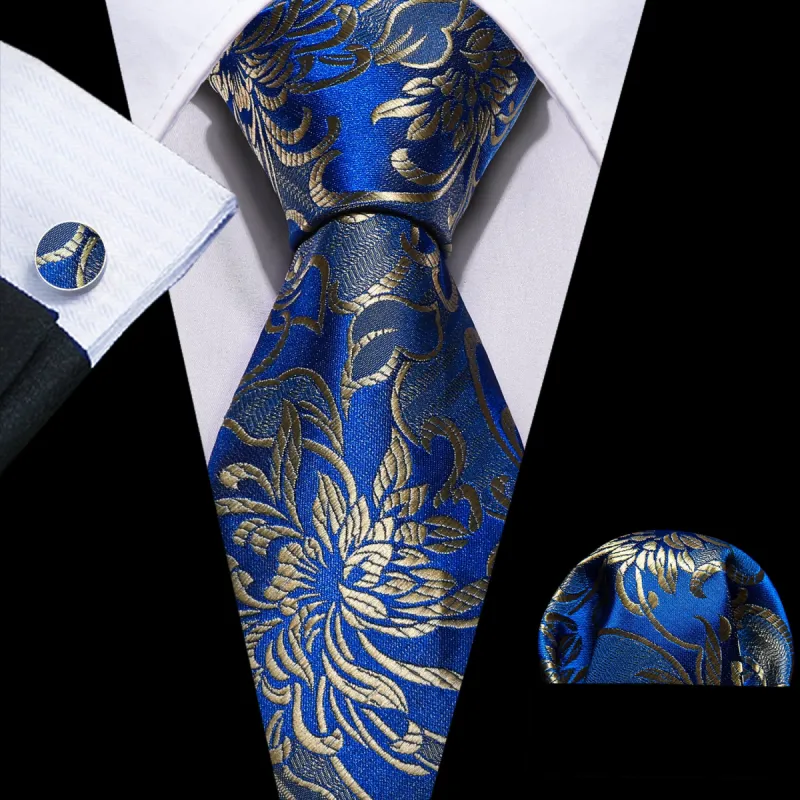 Barry Wang Men's Blue Tie Gold Flower Silk Necktie Hanky Cufflinks Set sold by Barrywang