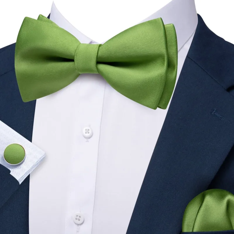 Barry Wang Dark Olive Green Pre-Tied Solid Bow Tie Hanky Cufflinks Set sold by Barrywang