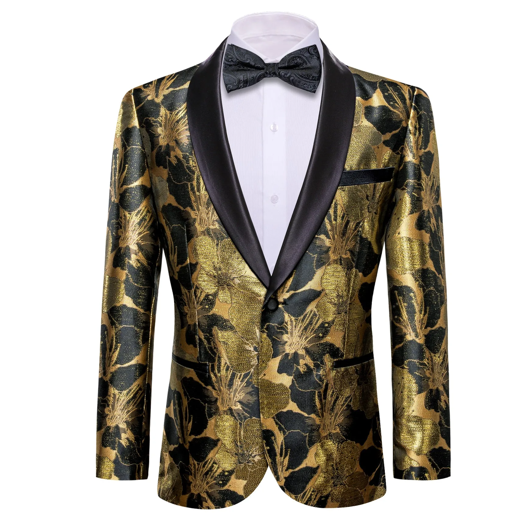 Barry.wang Shawl Collar Suit Black Gold Floral Men's Suit Jacket Slim One Button Stylish Blazer sold by Barrywang