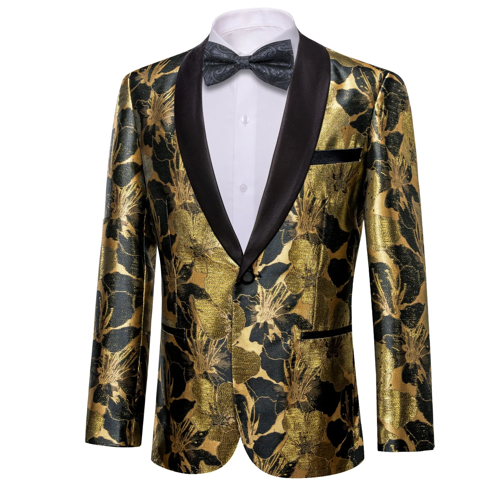 Barry.wang Shawl Collar Suit Black Gold Floral Men's Suit Jacket Slim One Button Stylish Blazer sold by Barrywang product image thumbnail 2