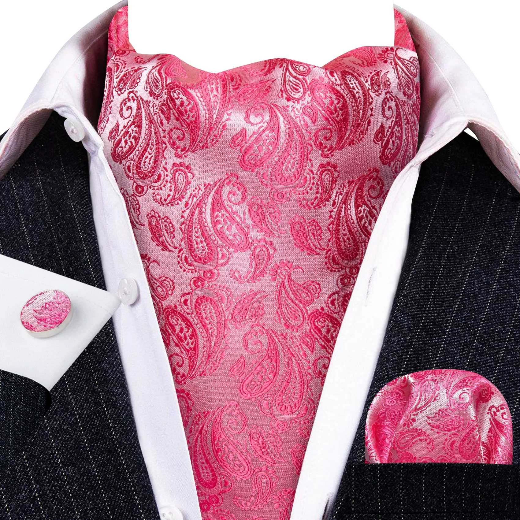 Barry. Wang Shock Pink Paisley Silk Ascot Tie Handkerchief Cufflinks Set sold by Barrywang product image thumbnail 2