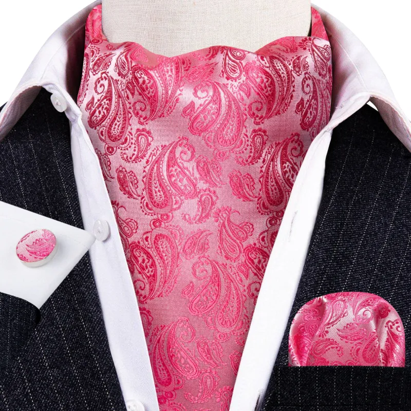 Barry. Wang Shock Pink Paisley Silk Ascot Tie Handkerchief Cufflinks Set sold by Barrywang