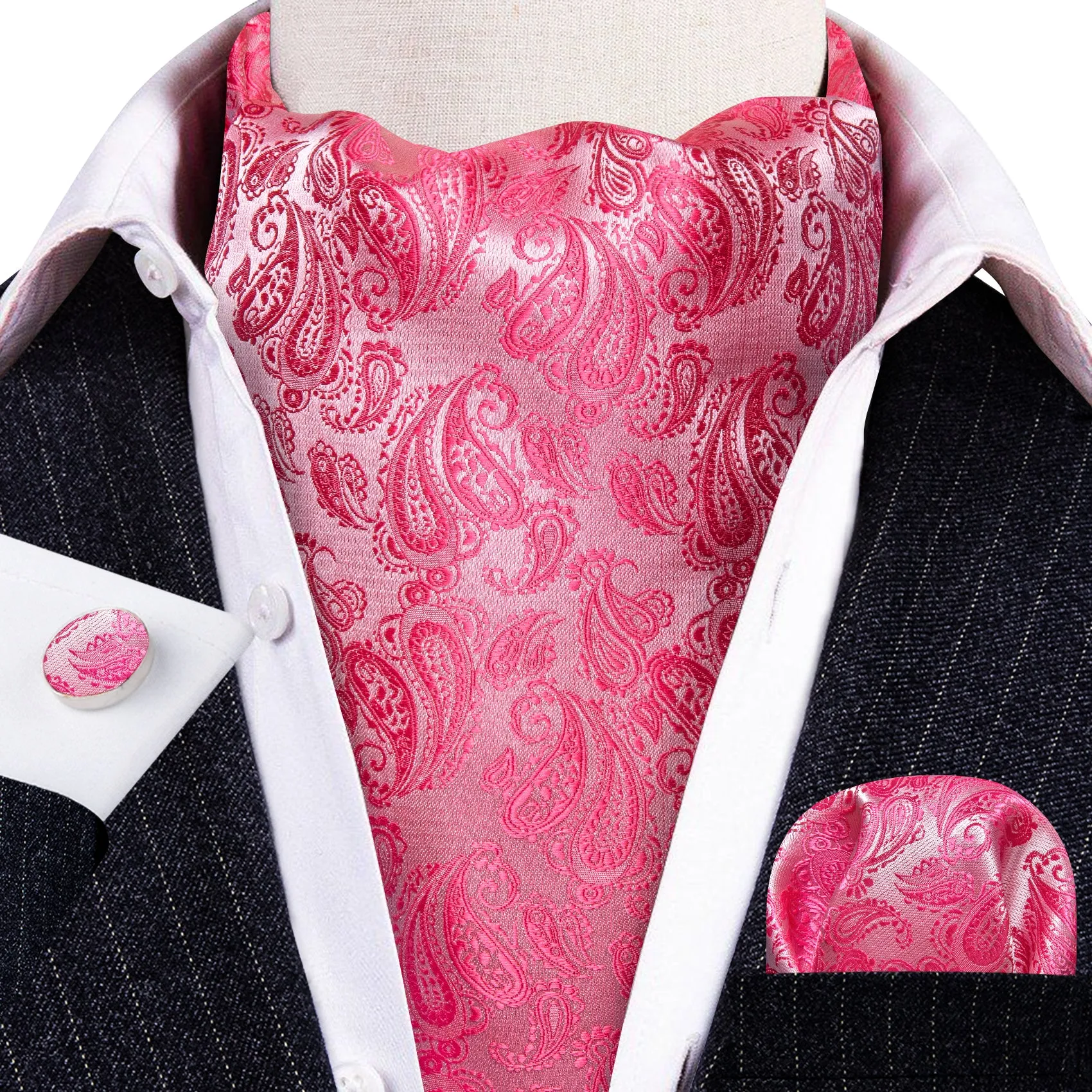 Barry. Wang Shock Pink Paisley Silk Ascot Tie Handkerchief Cufflinks Set sold by Barrywang