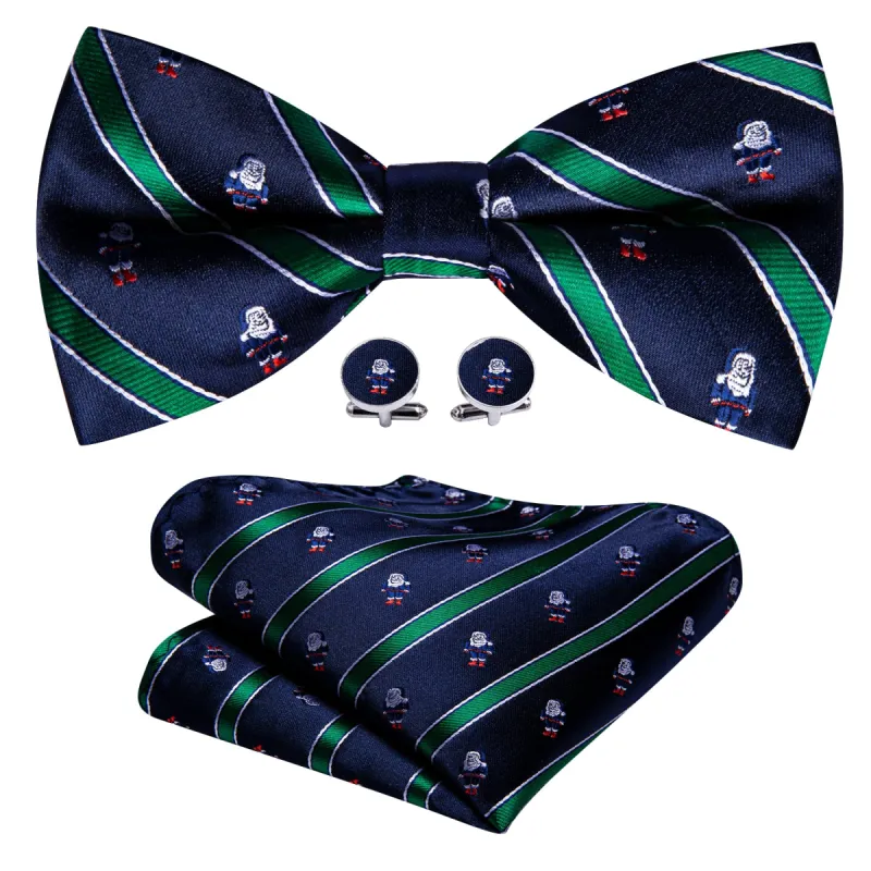 Barry Wang Christmas Blue Green Santa Claus Pre Tied Bow Tie Hanky Cufflinks Set sold by Barrywang