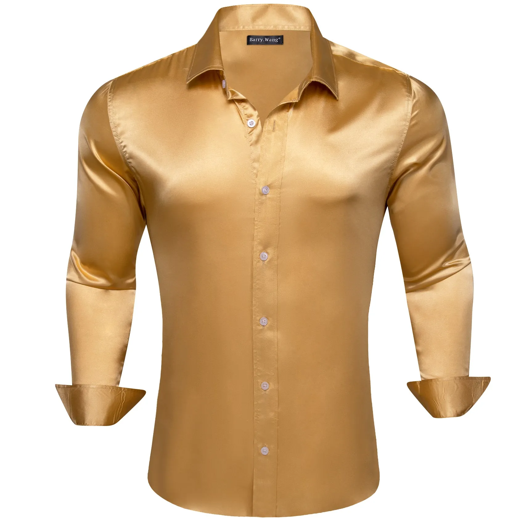 Barry Wang Gold Top Long Sleeve Men's Gold Solid Sstin Dress Shirt sold by Barrywang