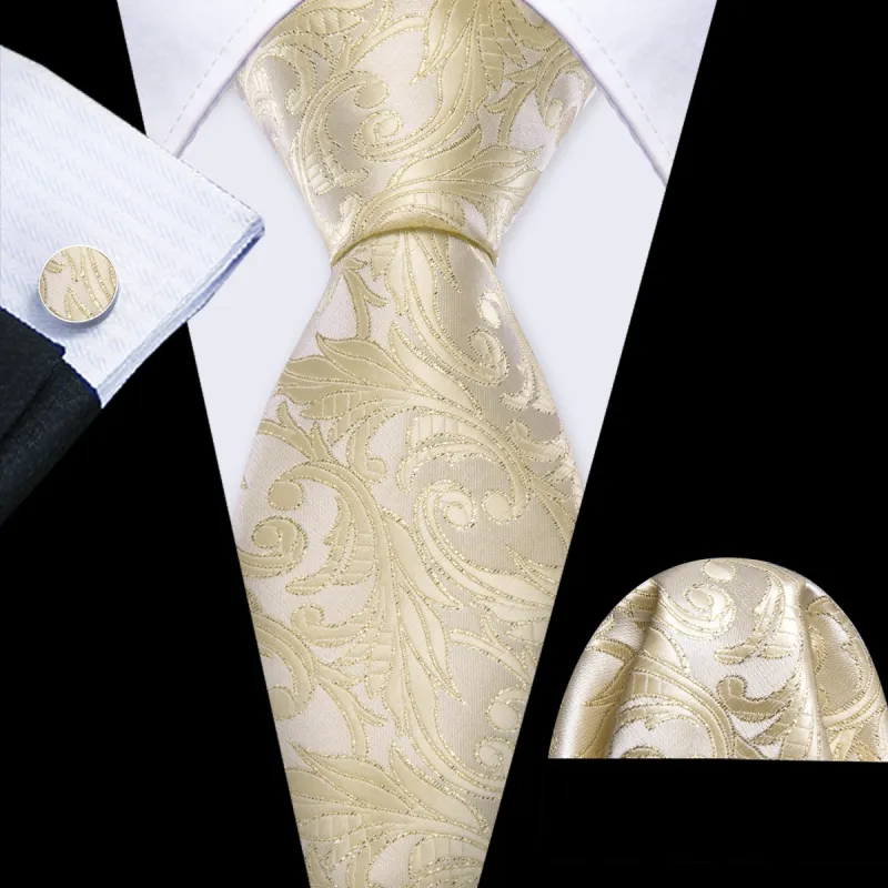 Barry Wang Lemon Chiffon Floral Silk Tie Handkerchief Cufflinks Set sold by Barrywang