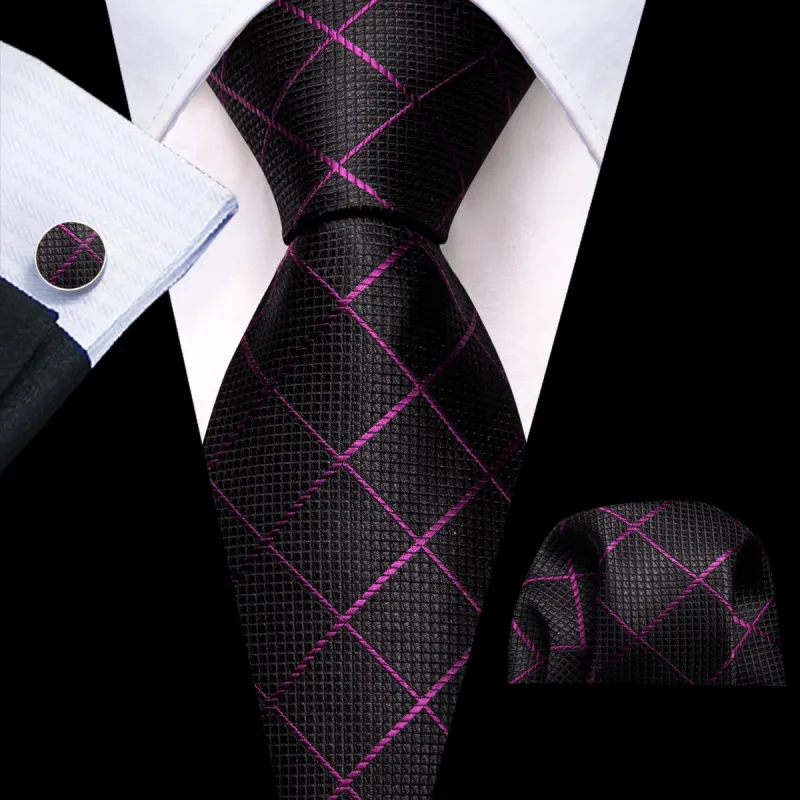 Barry. Wang Black Plaid Tie with Purple Stripes Men's Business Set sold by Barrywang