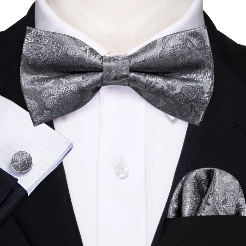 Grey Paisley Pre-tied Bow Tie Hanky Cufflinks Set sold by Barrywang