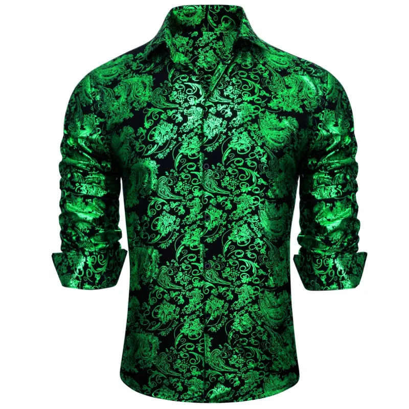 Wang Light Green Black Paisley Silk button-down Shirt for