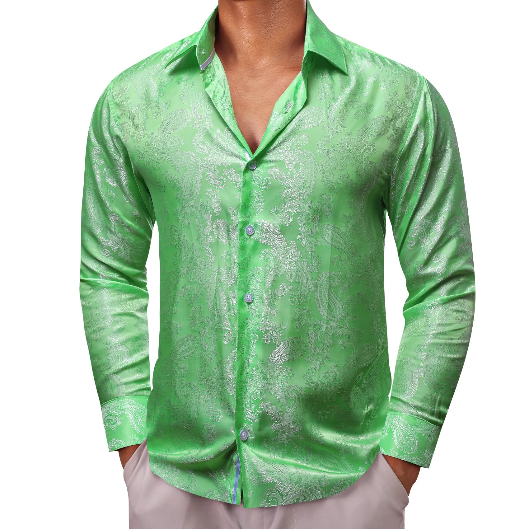 Barry Wang Light Green White Paisley Silk Mens Button Down Shirts sold by Barrywang