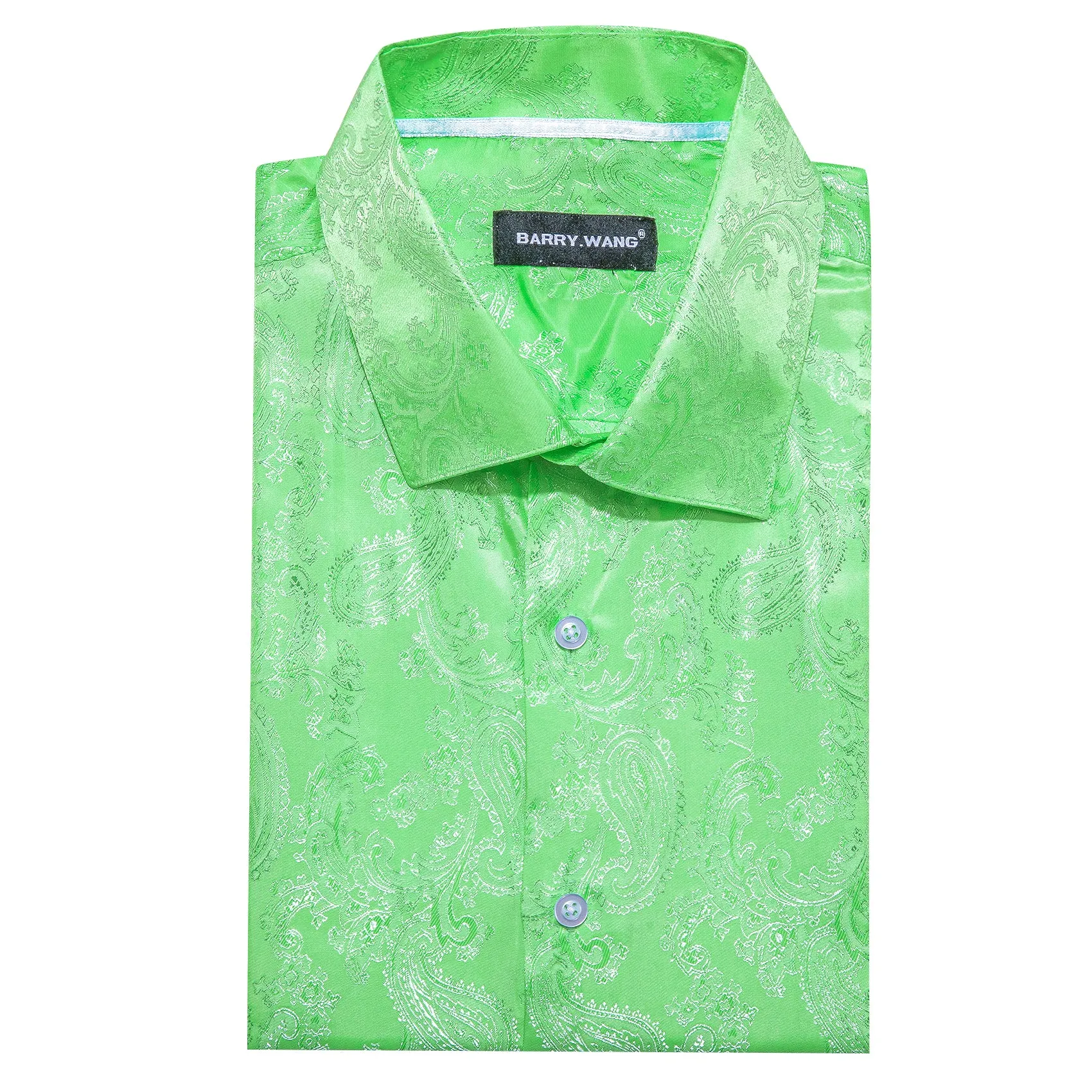 Barry Wang Light Green White Paisley Silk Mens Button Down Shirts sold by Barrywang product image thumbnail 5