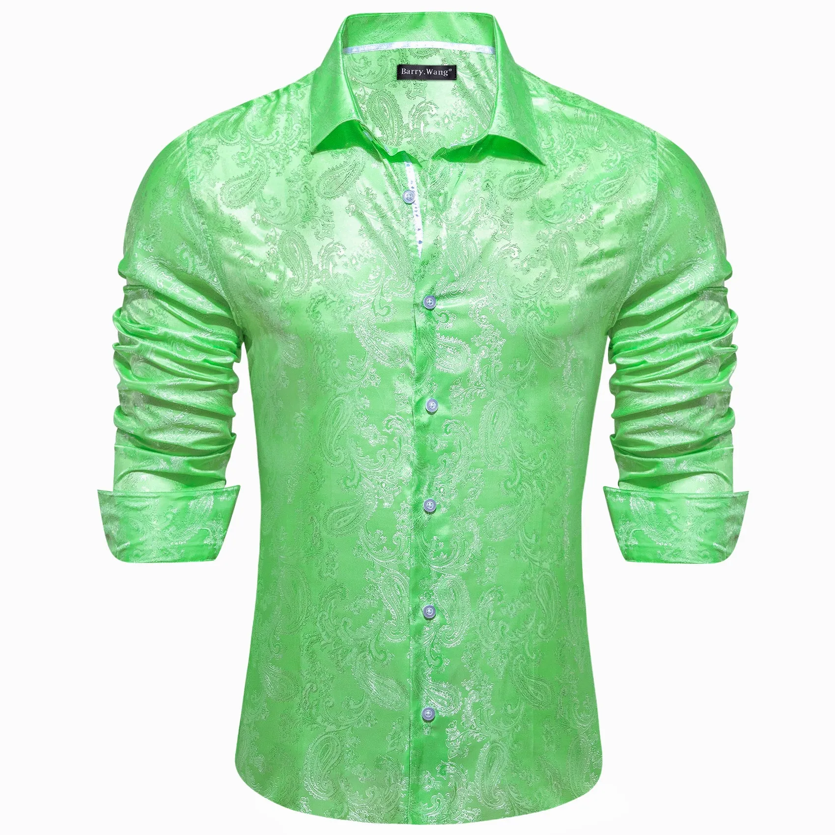Barry Wang Light Green White Paisley Silk Mens Button Down Shirts sold by Barrywang product image thumbnail 4