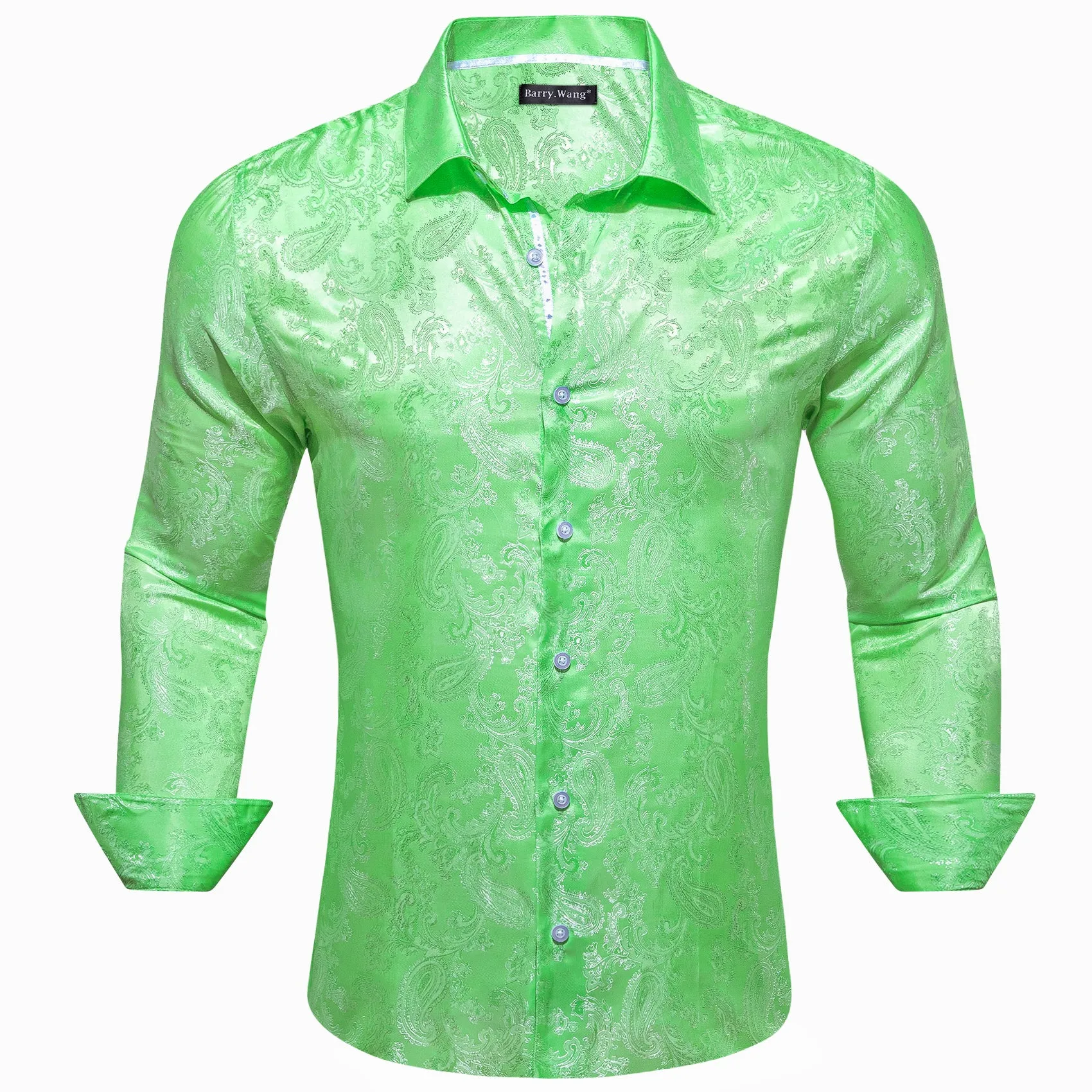 Barry Wang Light Green White Paisley Silk Mens Button Down Shirts sold by Barrywang product image thumbnail 2