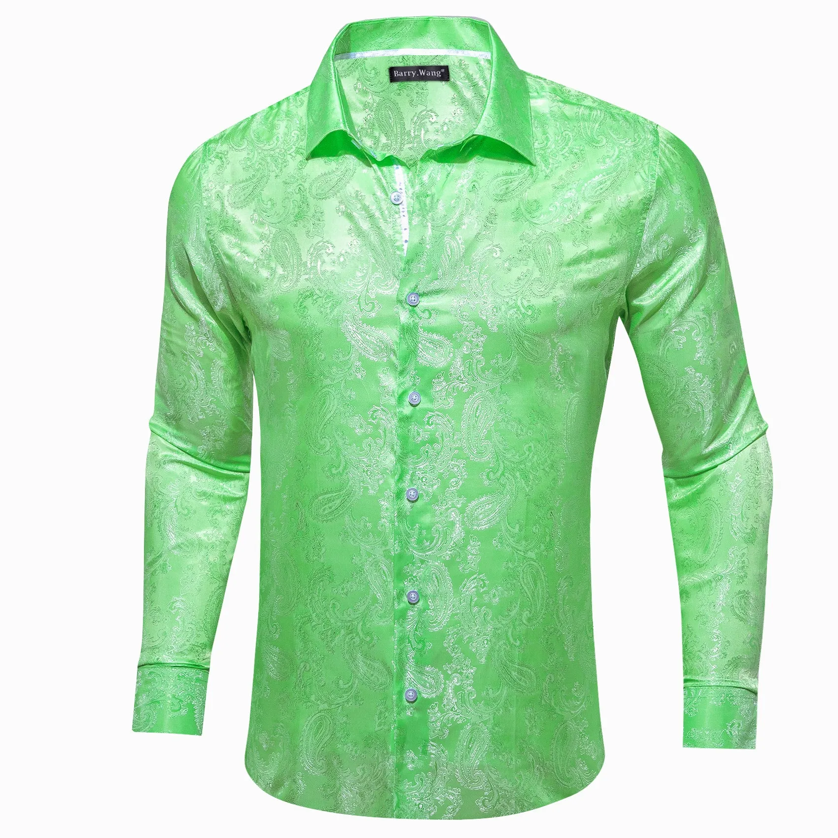 Barry Wang Light Green White Paisley Silk Mens Button Down Shirts sold by Barrywang product image thumbnail 3