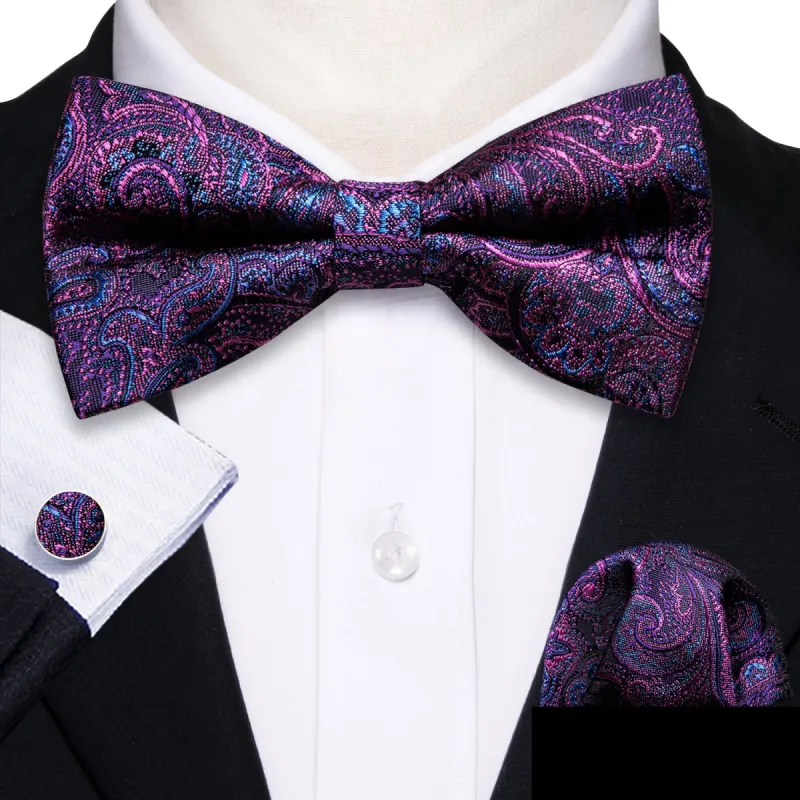 Purple RoyalBlue Paisley Pre-tied Bow Tie Hanky Cufflinks Set sold by Barrywang