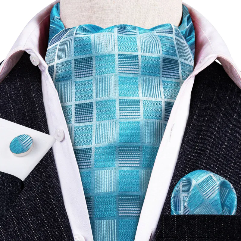 Barry Wang Blue Plaid Silk Ascot Tie Handkerchief Cufflinks Set sold by Barrywang