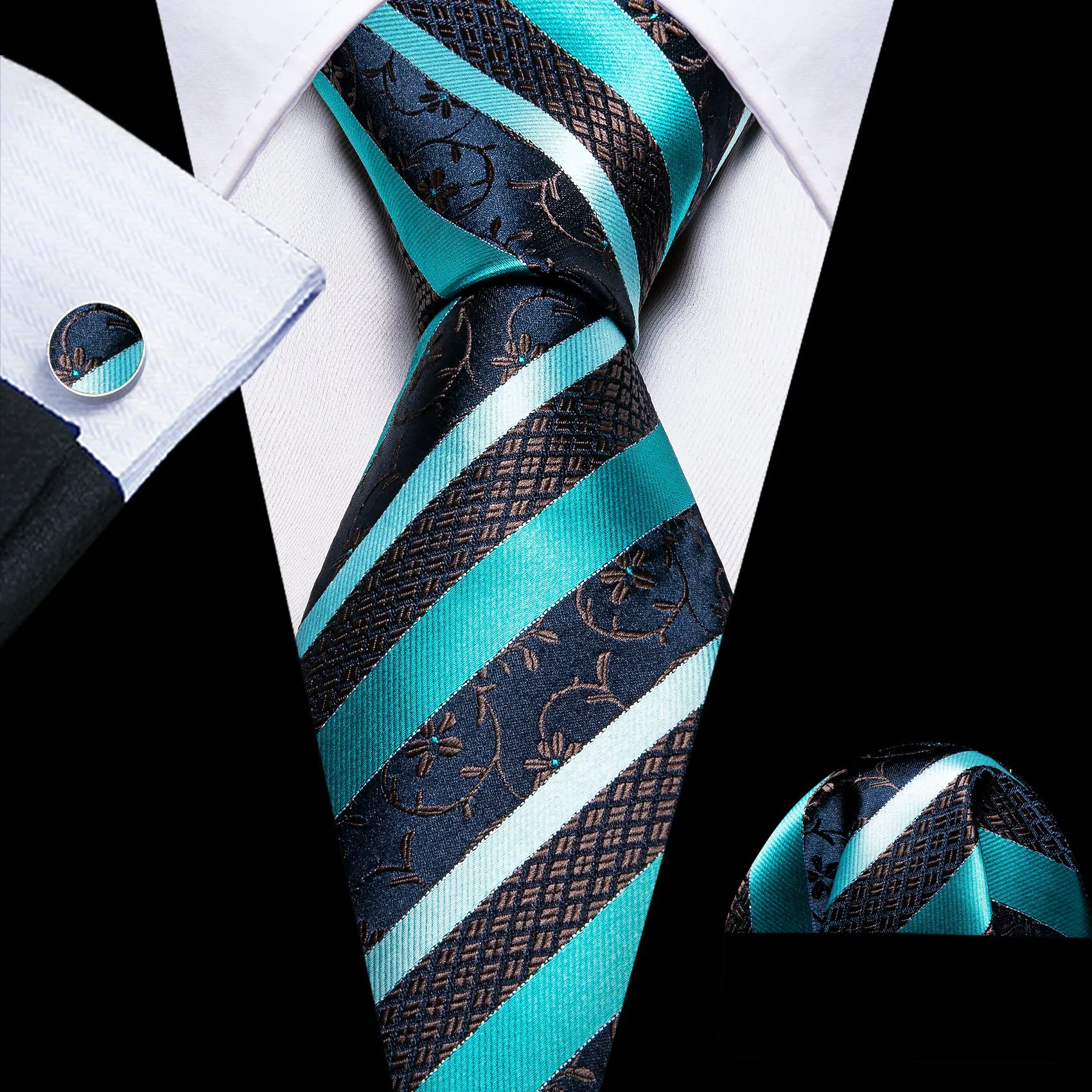 Barry Wang Aqua Blue Black Striped Silk Tie Pocket Square Cufflink Set sold by Barrywang