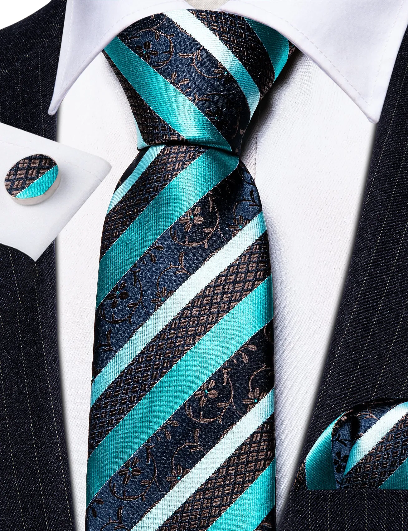 Barry Wang Aqua Blue Black Striped Silk Tie Pocket Square Cufflink Set sold by Barrywang product image thumbnail 5