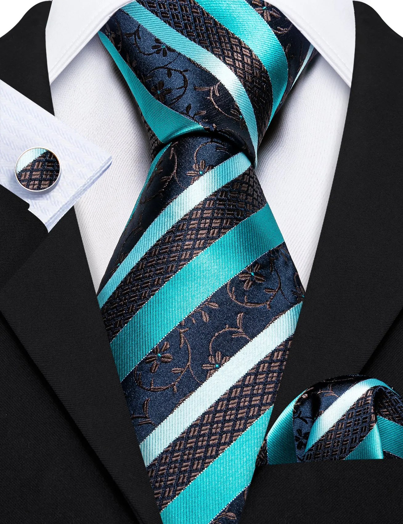 Barry Wang Aqua Blue Black Striped Silk Tie Pocket Square Cufflink Set sold by Barrywang product image thumbnail 4