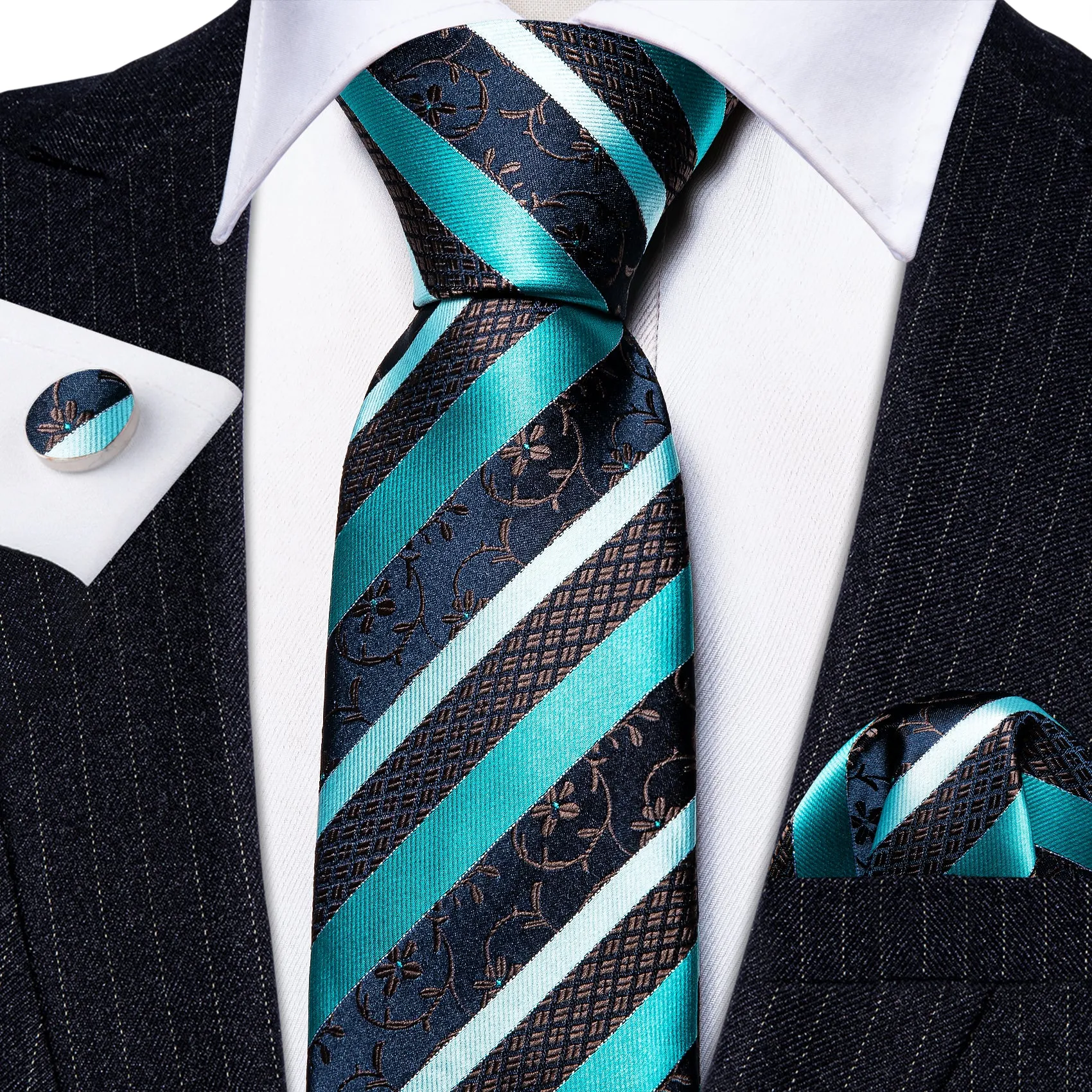 Barry Wang Aqua Blue Black Striped Silk Tie Pocket Square Cufflink Set sold by Barrywang product image thumbnail 3