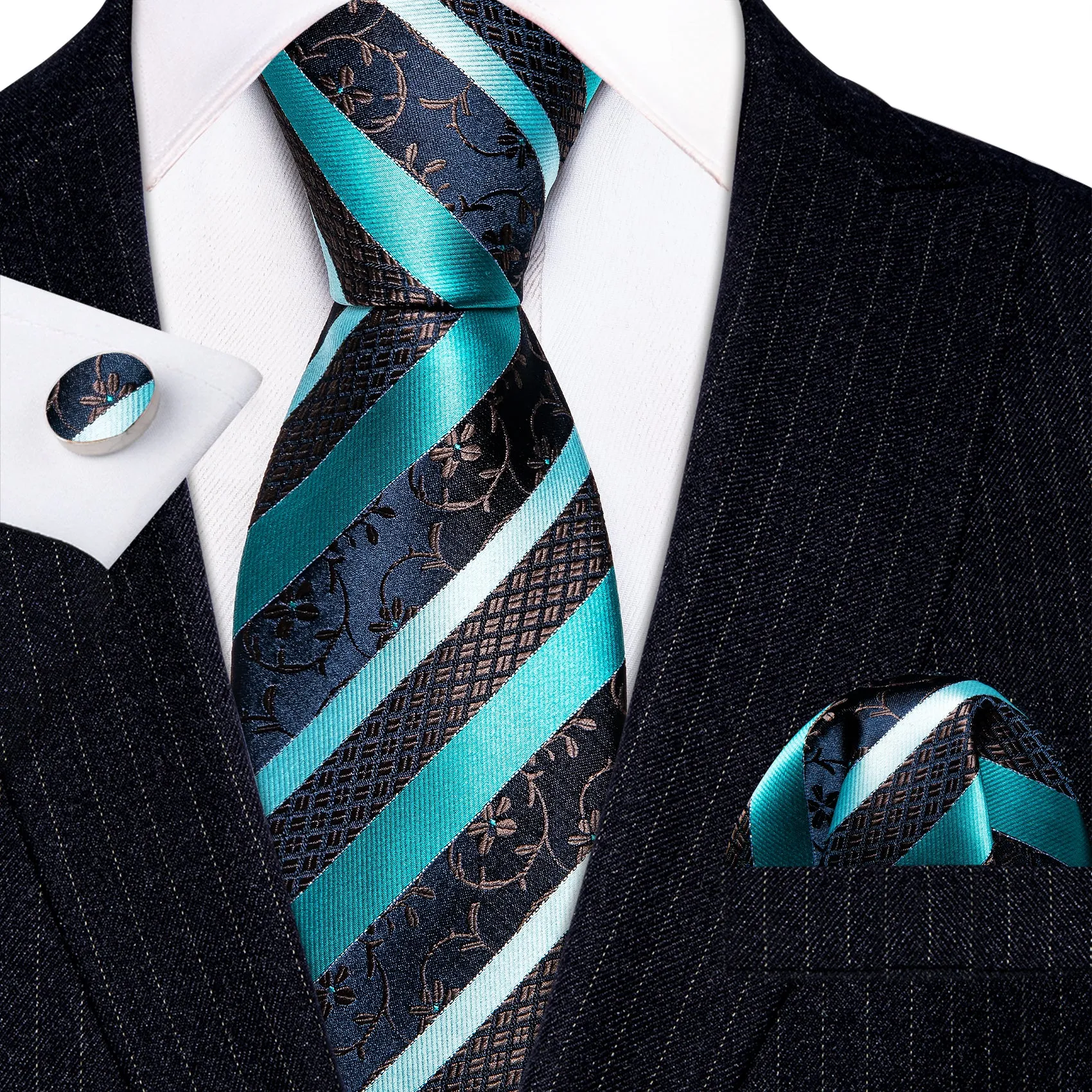 Barry Wang Aqua Blue Black Striped Silk Tie Pocket Square Cufflink Set sold by Barrywang product image thumbnail 2